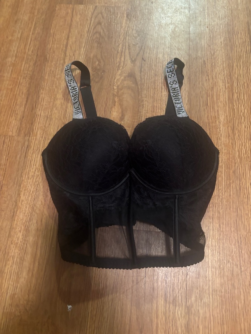 Black Lace Longline Bustier Bra with Decorative Straps